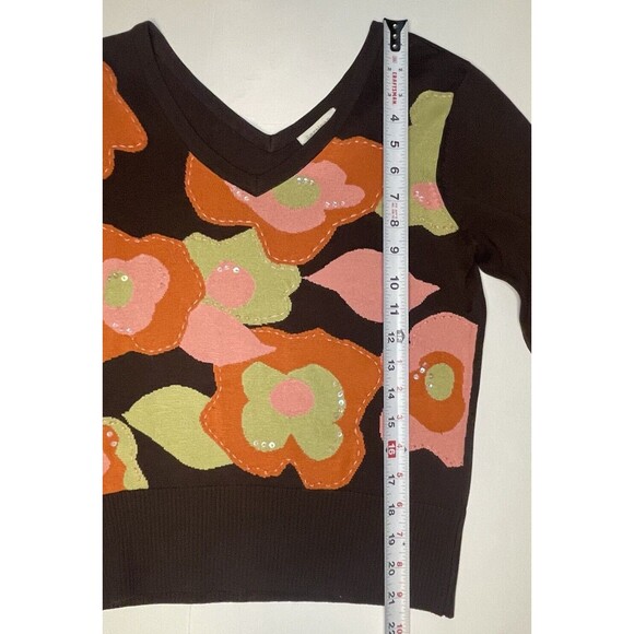 By Artisan 100% Silk Pullover Flower Sweater Boho 70’s Brown Women’s Medium - Picture 4 of 6